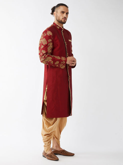 Vastramay Men's Maroon And Gold Silk Blend Sherwani Set